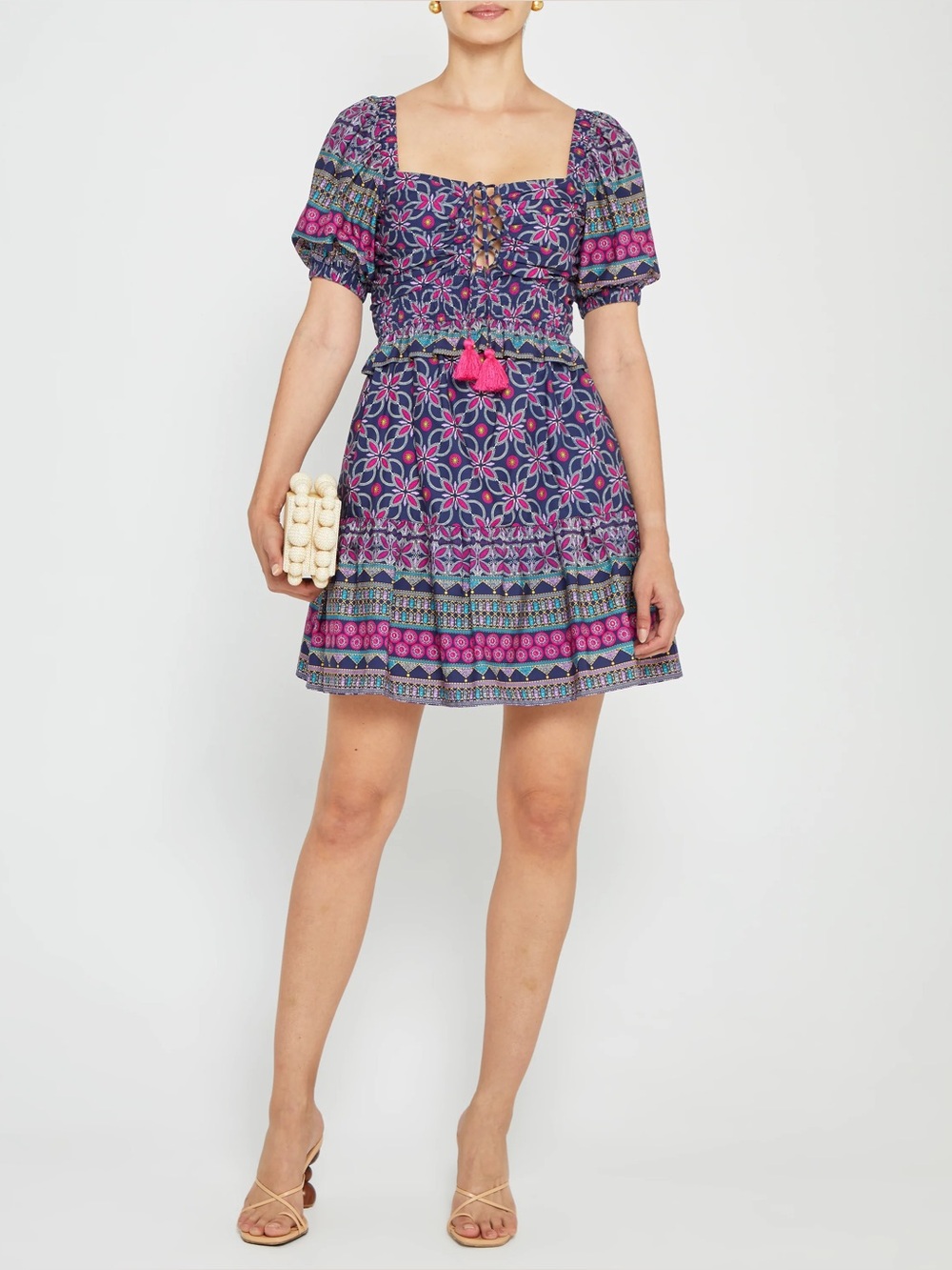 o.p.t Floral Printed Navy and Pink Short Dress